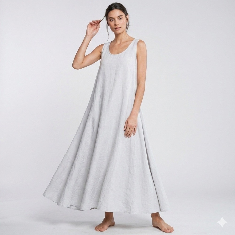 Filosofia 100% Linen Maxi Dress Light Gray Sleeveless Scoop Neck Made in USA L
